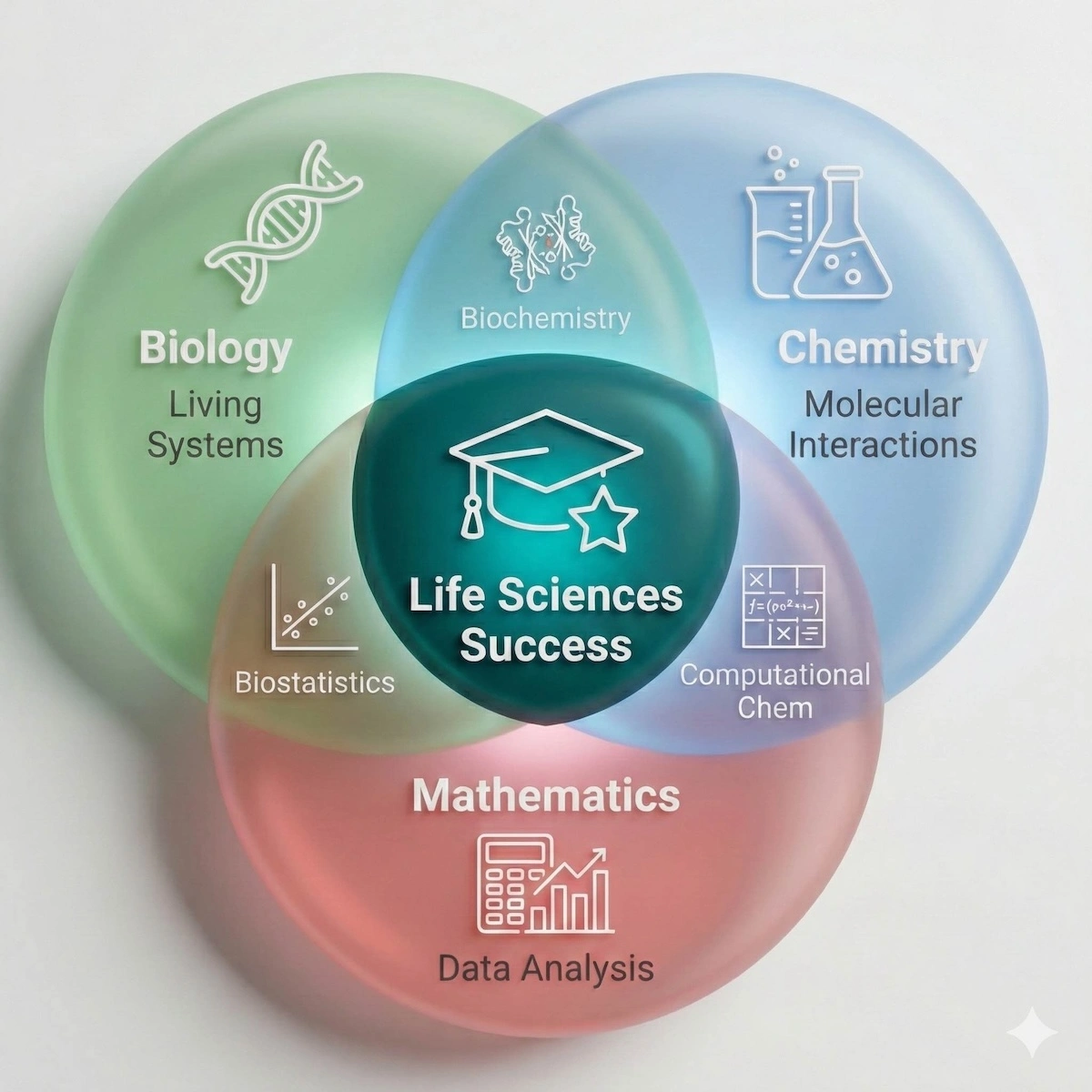 Venn diagram illustrating Life Sciences as the intersection of Biology, Chemistry, and Mathematics, highlighting the interdisciplinary nature of the subject.