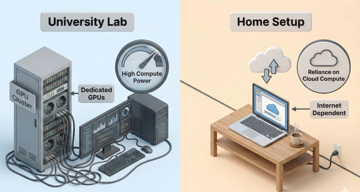 Split-screen illustration comparing high-performance university computer labs with dedicated GPUs versus a standard home laptop setup for machine learning.