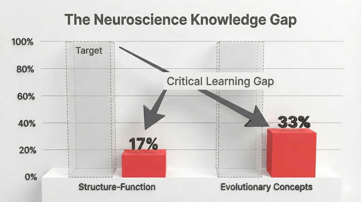Bar chart showing low student proficiency rates in neuroscience: only 17% for structure-function and 33% for evolutionary concepts.