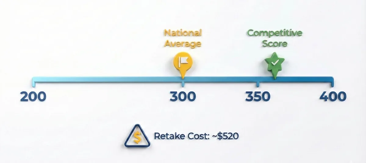 OAT scoring scale range from 200 to 400, marking 300 as average and 350 as competitive.