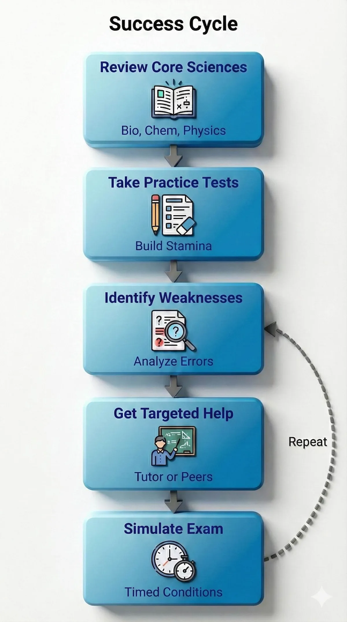 Flowchart showing 5-step OAT study process: Review, Practice, Identify Weakness, Get Help, Simulate Exam.