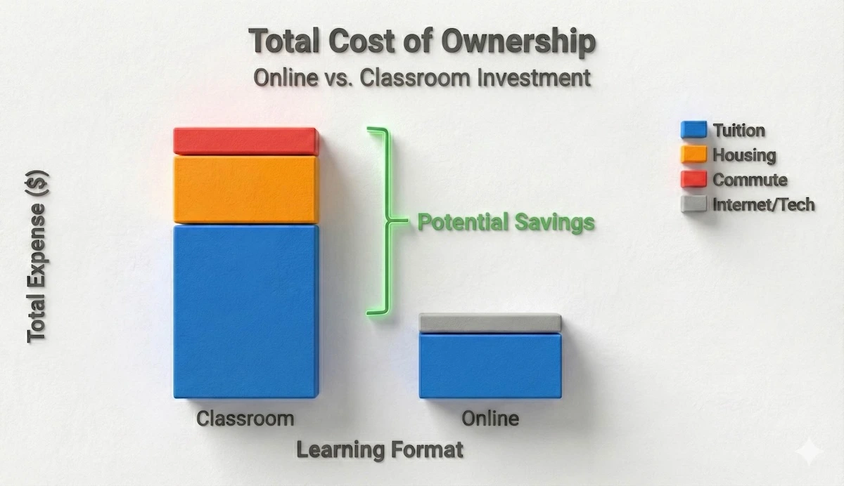 Stacked bar chart comparing the total costs of online vs classroom learning, showing tuition, housing, and commute expenses.