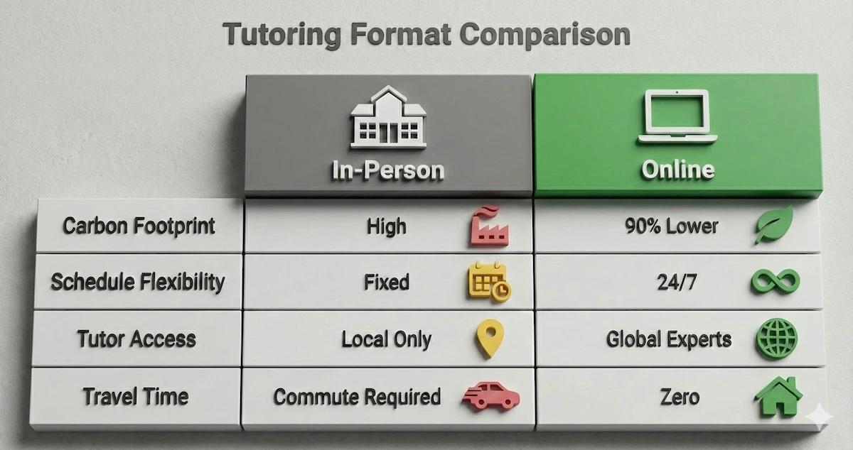 Comparison table showing advantages of online environmental science tutoring: 90% lower carbon footprint, global access, and zero travel time.