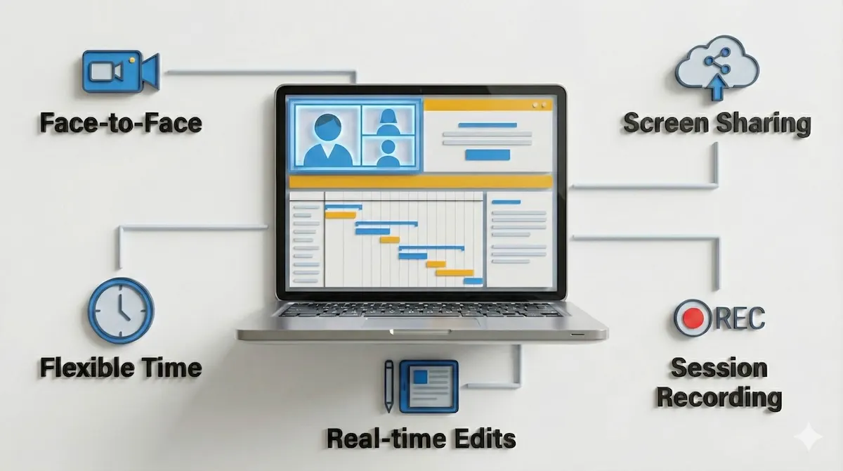 Illustration of online tutoring setup showing laptop with video chat, screen sharing, Gantt charts, and recording tools.
