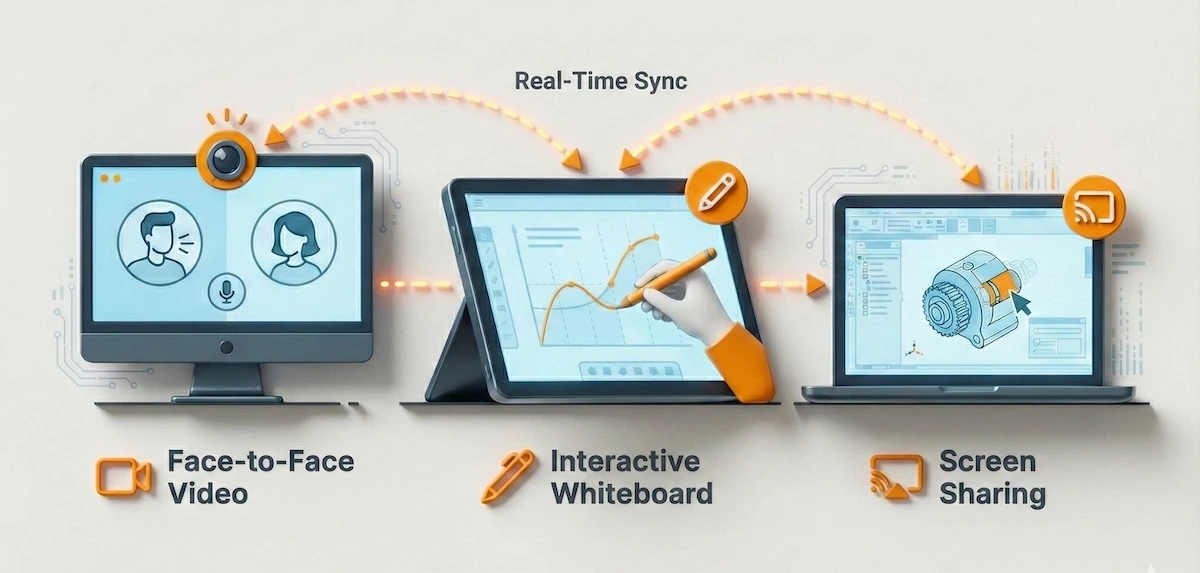 Illustration of online tutoring tools including video calls, interactive whiteboards, and screen sharing features.
