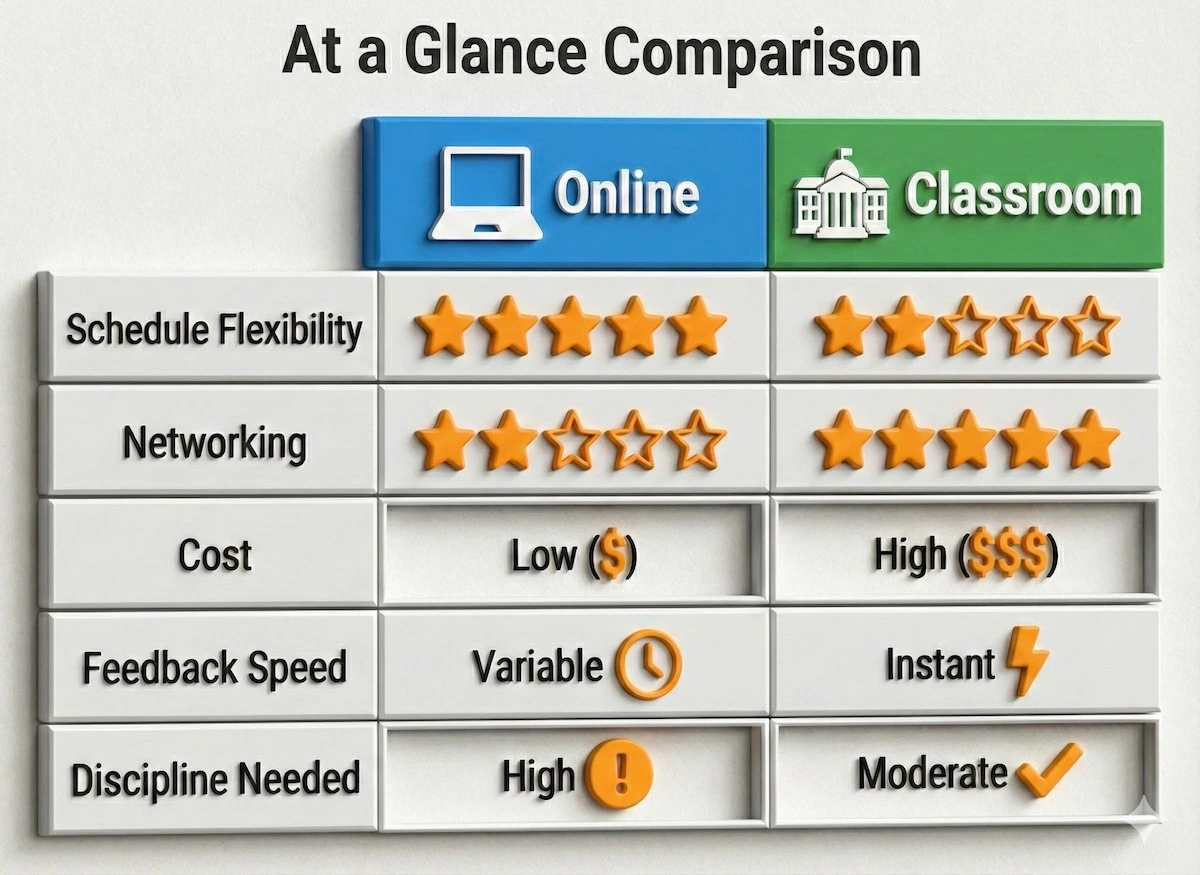 Comparison table showing ratings for flexibility, networking, cost, and discipline required for online versus classroom machine learning courses.