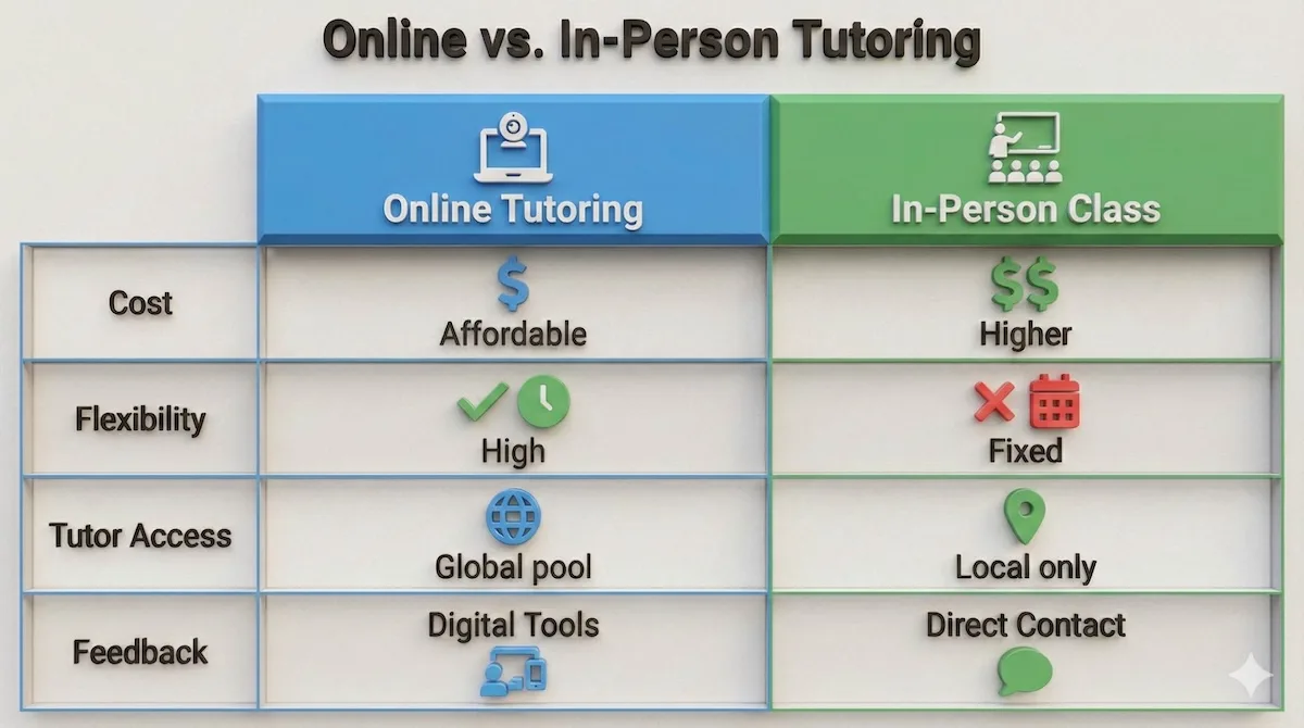 Comparison table detailing differences between online and in-person IELTS tutoring regarding cost, flexibility, global access, and feedback methods.