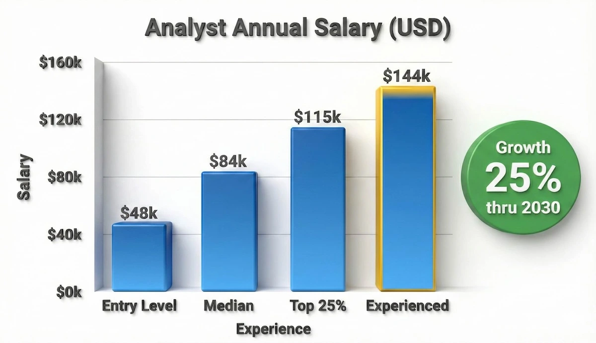 Bar chart showing Operations Research Analyst salaries ranging from $48k entry-level to $144k experienced, plus 25% job growth projection.