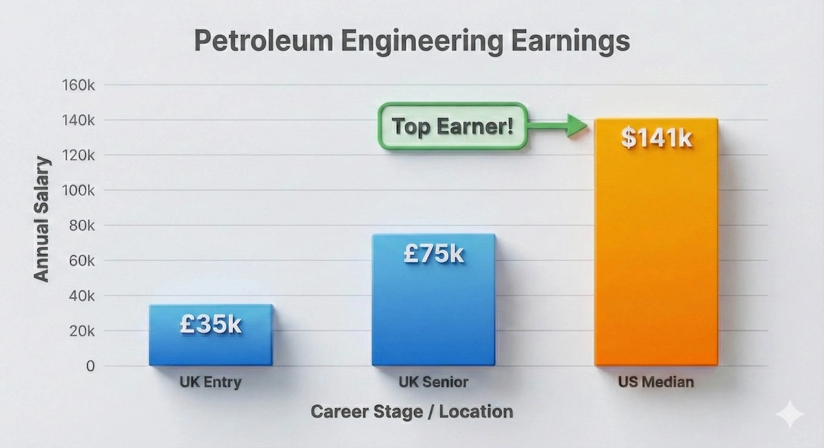 Bar chart comparing Petroleum Engineering salaries: UK Entry level at £35k, UK Senior at £75k, and US Median salary at $141,000.
