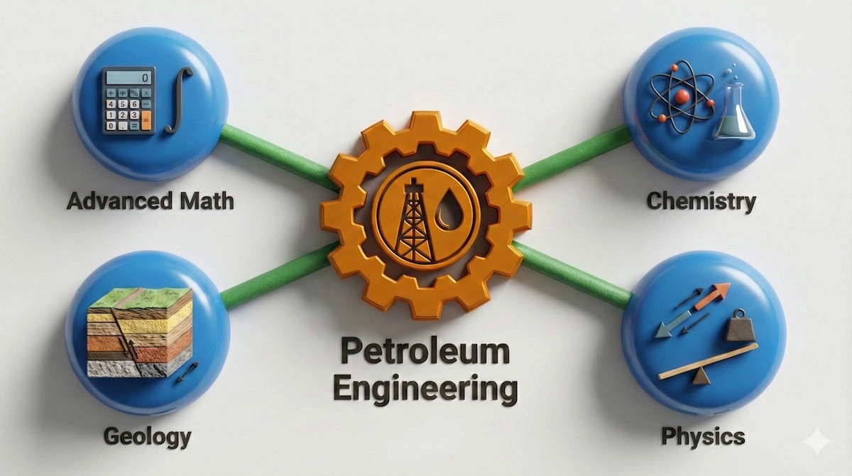 Concept map showing Petroleum Engineering at the center connected to its four foundation subjects: Advanced Math, Chemistry, Geology, and Physics.