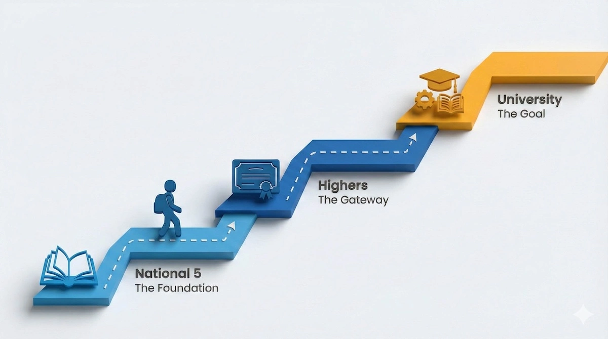 Illustration showing the Scottish education pathway: National 5 exams as the foundation, leading to Highers, and finally University engineering degrees.