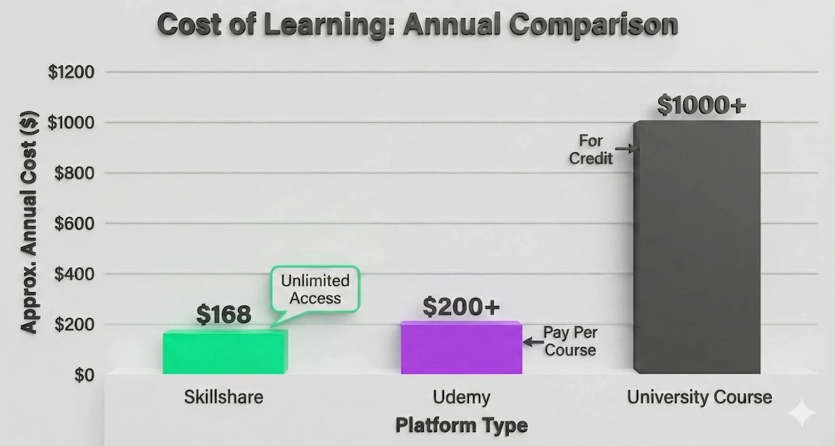 Bar chart comparing Skillshare annual cost of 168 dollars versus higher costs of multiple Udemy courses or university credits.
