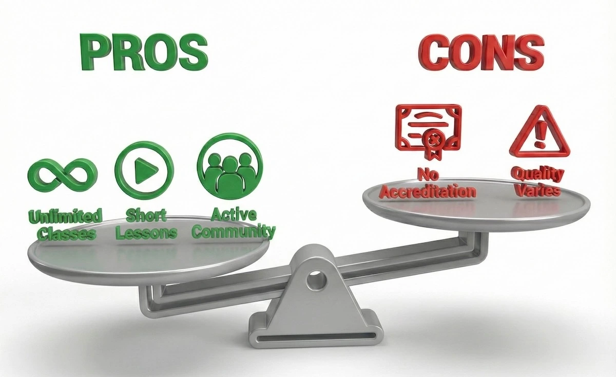 Balance scale illustration showing Skillshare pros like unlimited classes outweighing cons like lack of accreditation.