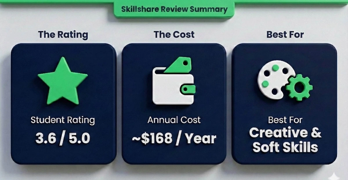 Skillshare review summary dashboard showing 3.6 out of 5 stars rating, 168 dollar annual cost, and focus on creative soft skills.
