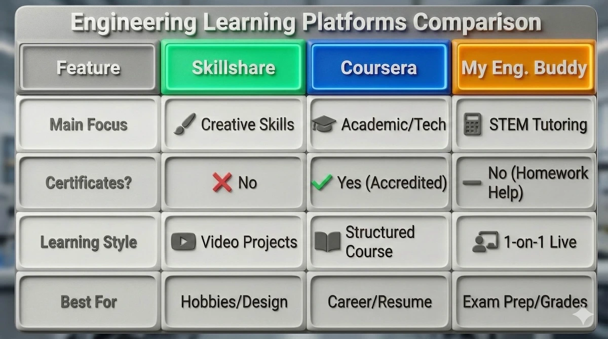 Comparison table showing Skillshare for creative skills, Coursera for accredited certificates, and My Engineering Buddy for live STEM tutoring.