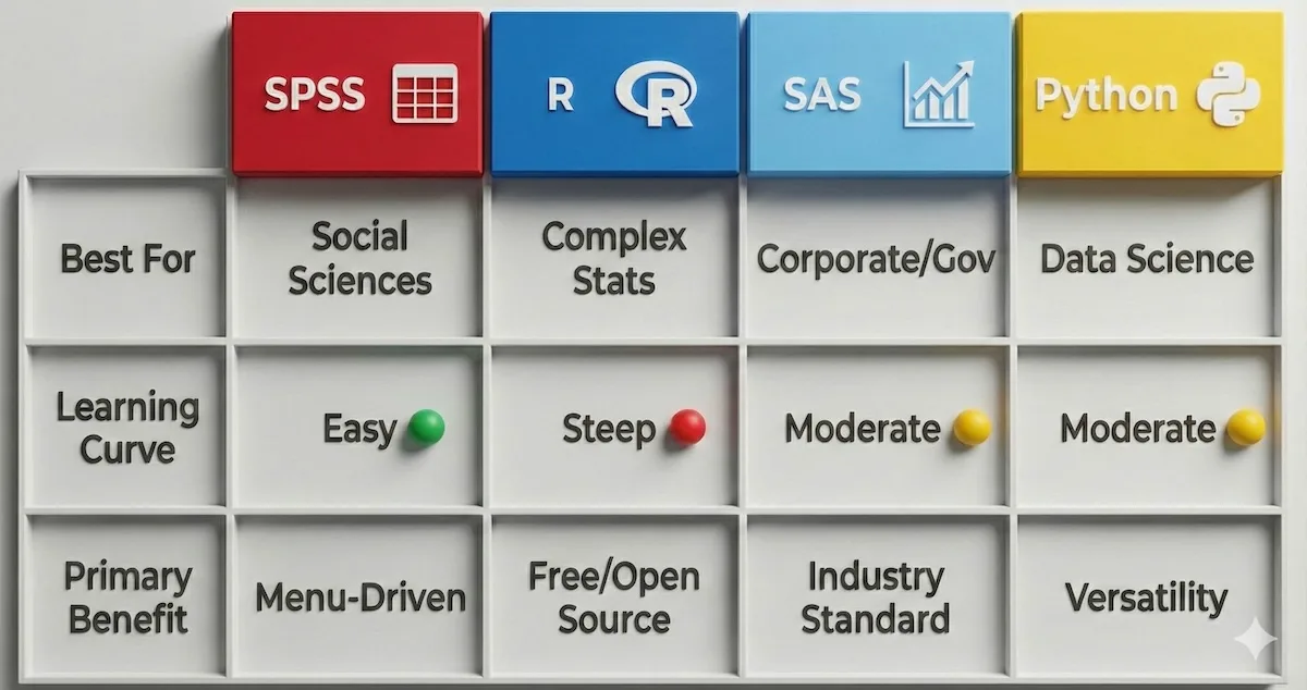 Comparison table of SPSS, R, SAS, and Python statistical software showing best use cases, learning curves, and primary benefits.