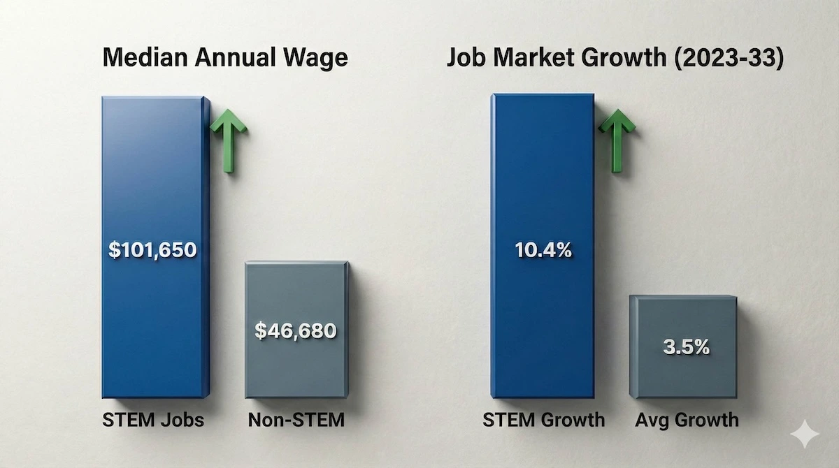 Comparison chart showing STEM jobs pay $101,650 versus $46,680 for non-STEM jobs, with 10.4% projected growth rate compared to average.