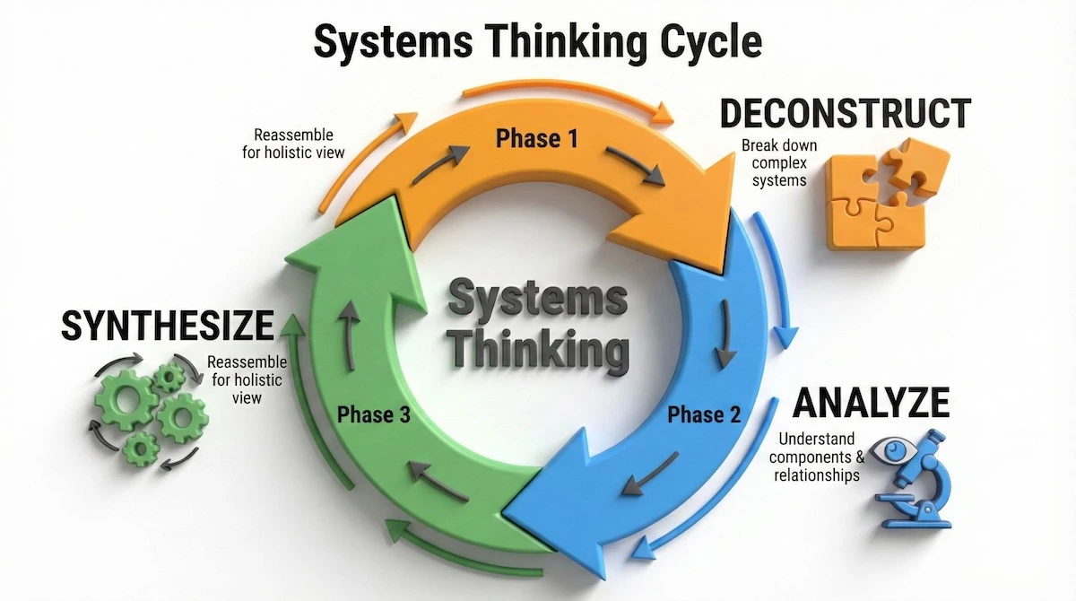 Cycle diagram illustrating the Systems Thinking approach: Deconstruct complex problems, Analyze components, and Synthesize solutions.