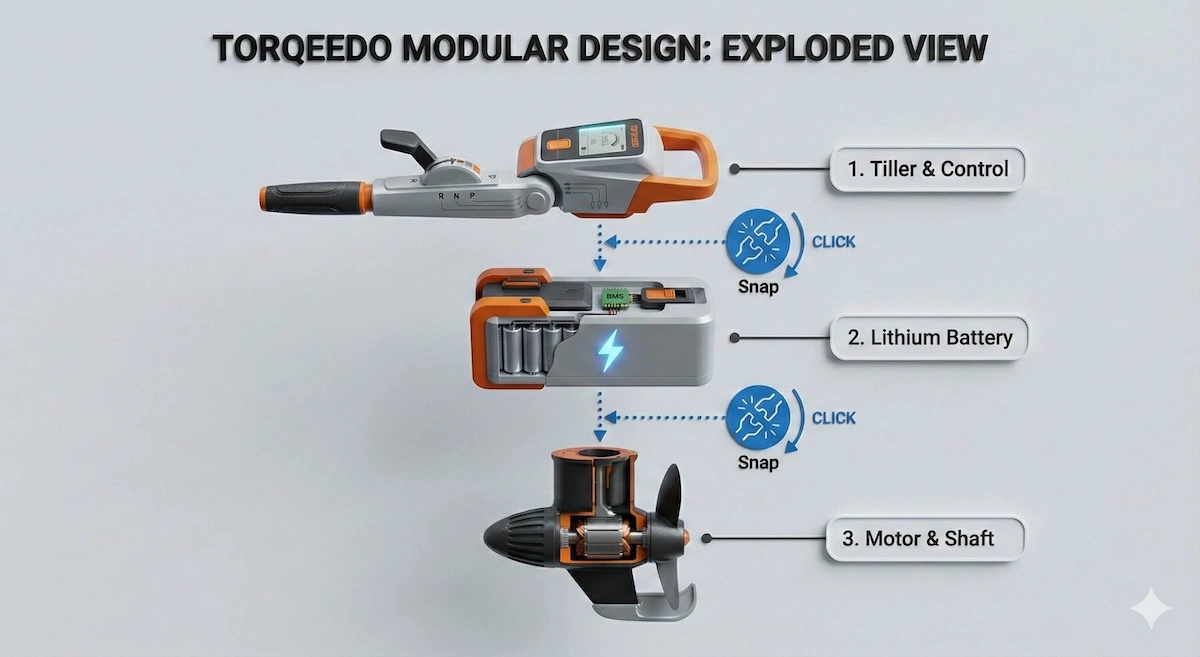 Exploded view diagram of Torqeedo Travel engine showing the three detachable components: tiller, lithium battery, and motor shaft for easy portability.