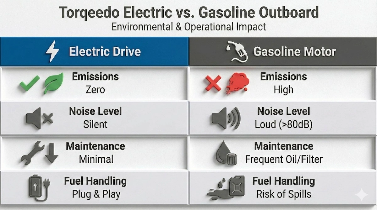 Comparison table showing differences between Torqeedo electric motors and gasoline outboards regarding emissions, noise, maintenance, and fuel handling for marine engineering students.