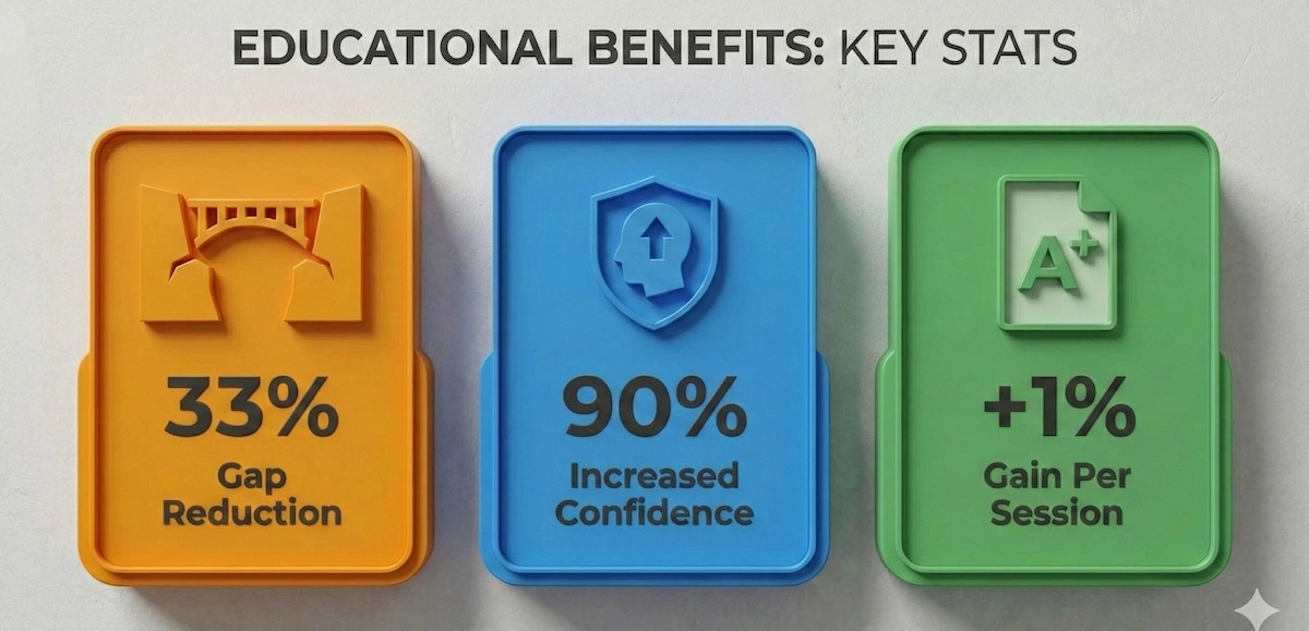 Infographic displaying key benefits of Life Sciences tutoring: 33% achievement gap reduction, 90% increased student confidence, and 1% grade improvement per session.