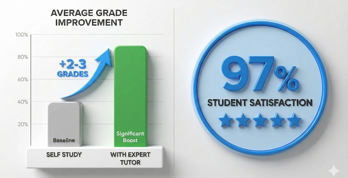 Data chart showing impact of Scottish National 5 tutoring: average improvement of 2-3 grades and 97% student satisfaction rate.