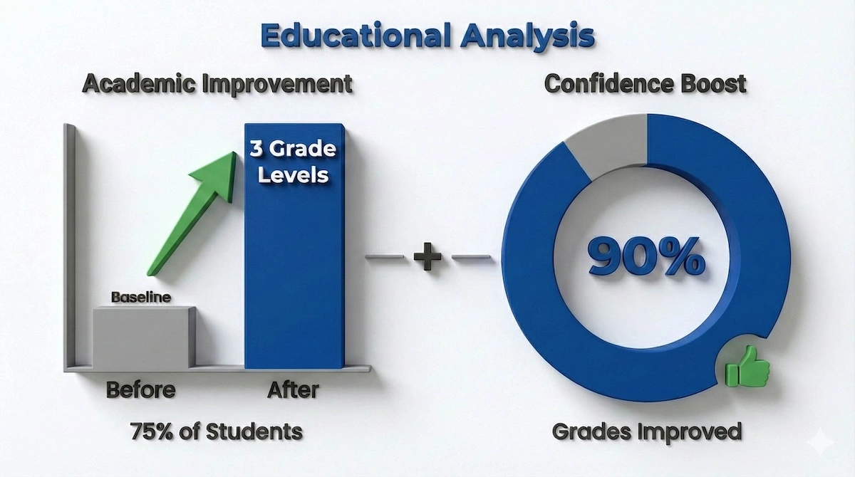 Data chart showing 75% of tutored students improve by 3 grade levels and 90% see grade improvements linked to higher confidence.