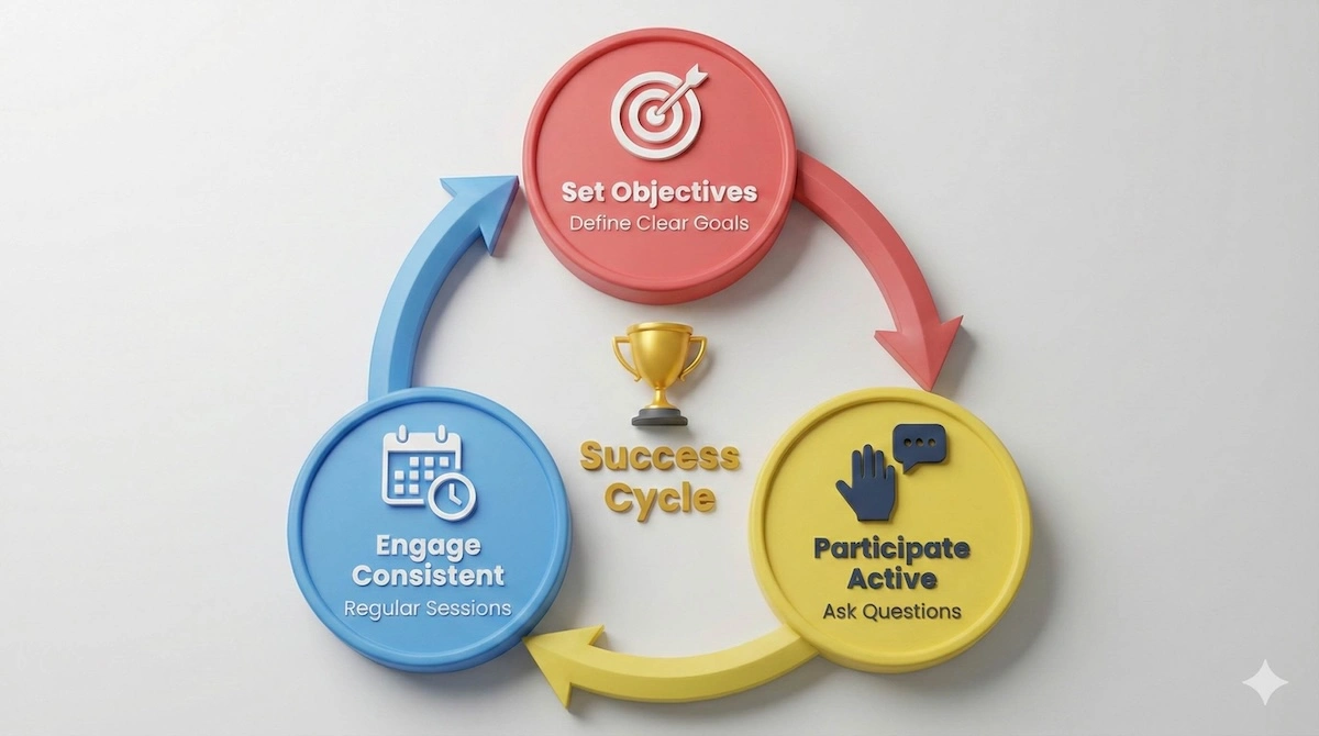 Cycle diagram illustrating the three keys to maximizing tutoring investment: setting clear objectives, active participation, and consistent engagement.