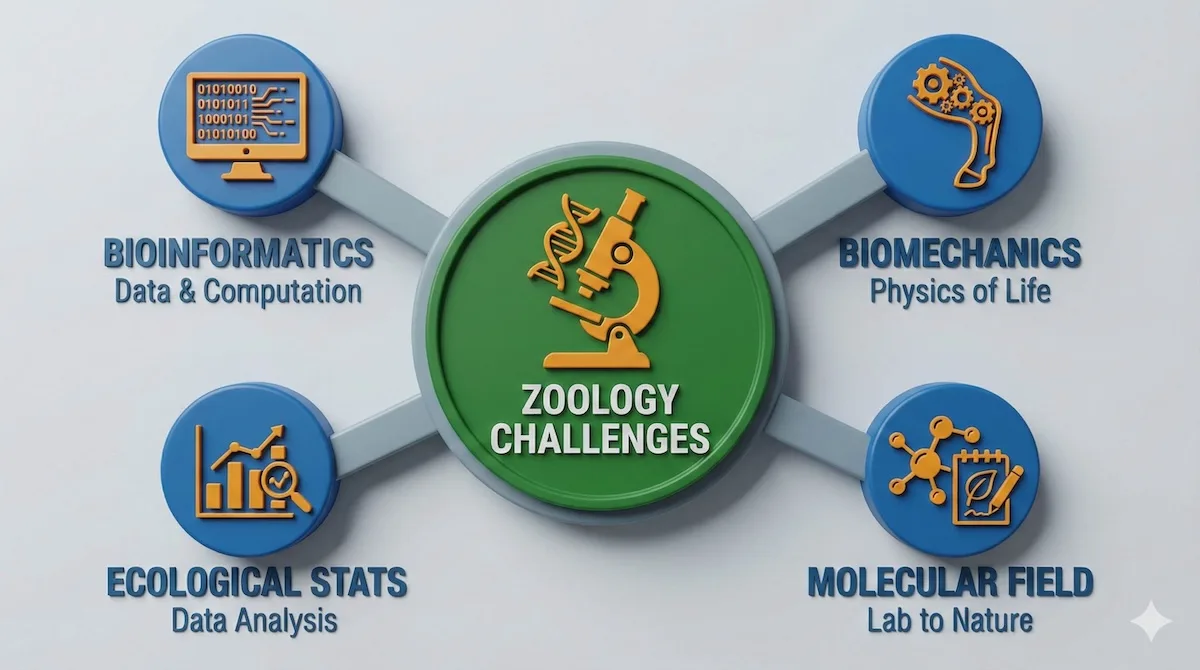 Diagram showing four key challenges in zoology education: Bioinformatics, Biomechanics, Ecological Statistics, and Molecular Field integration.