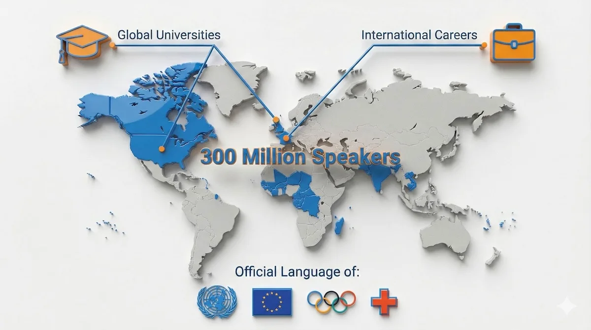 World map infographic highlighting French-speaking regions and global organizations like the UN and EU where French is an official language.
