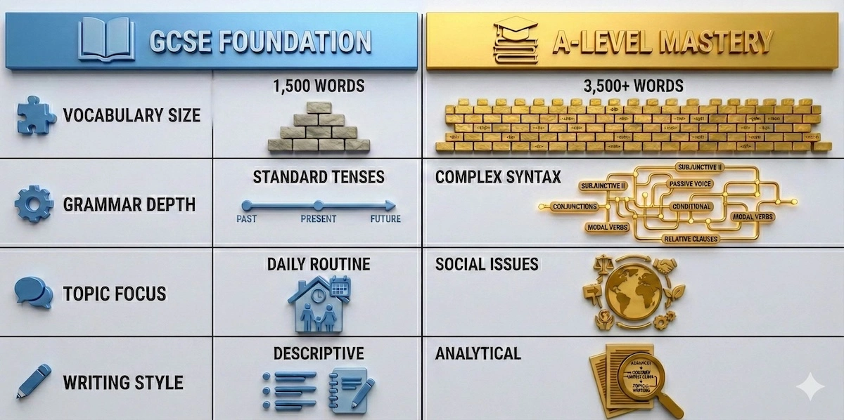 Comparison table showing the differences between GCSE and A-Level German requirements, highlighting vocabulary size, grammar complexity, and topic depth.