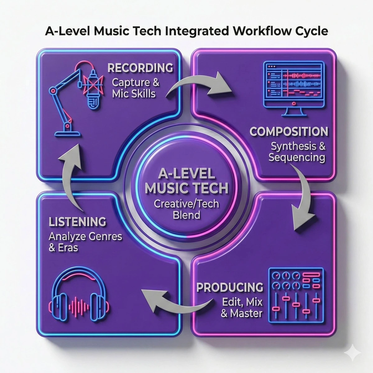 Infographic illustrating the four core components of A-Level Music Technology: Recording, Composition, Producing, and Listening, arranged in a cycle.