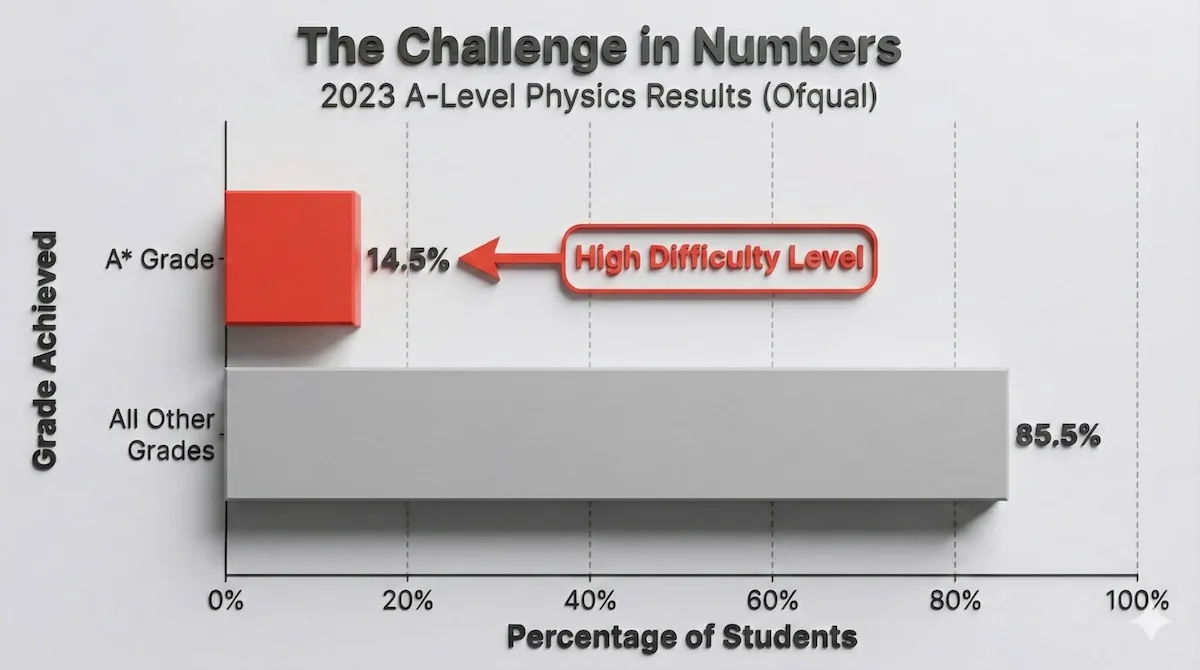 Bar chart showing 2023 Ofqual statistics where only 14.5% of students achieved an A star in A-Level Physics.