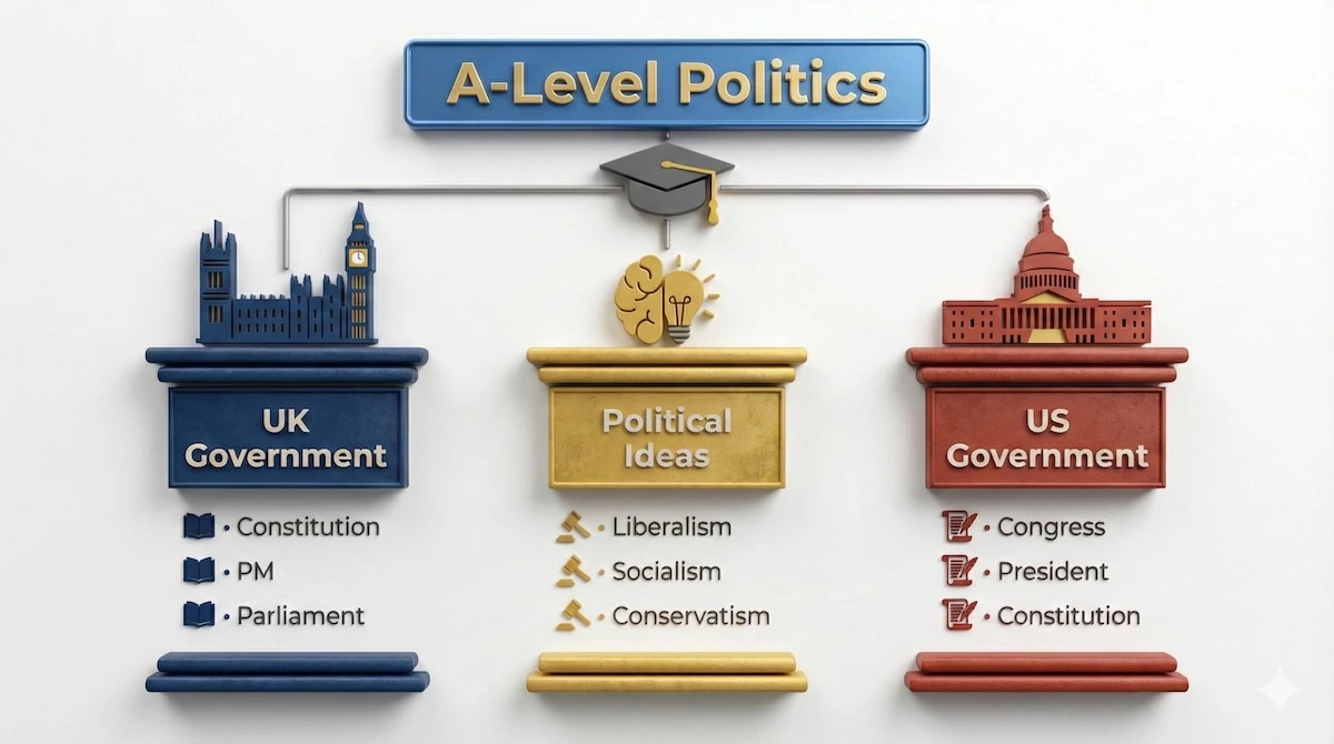 Illustration of the three main components of A-Level Politics syllabus: UK Government, Political Ideas, and US Government comparative politics.