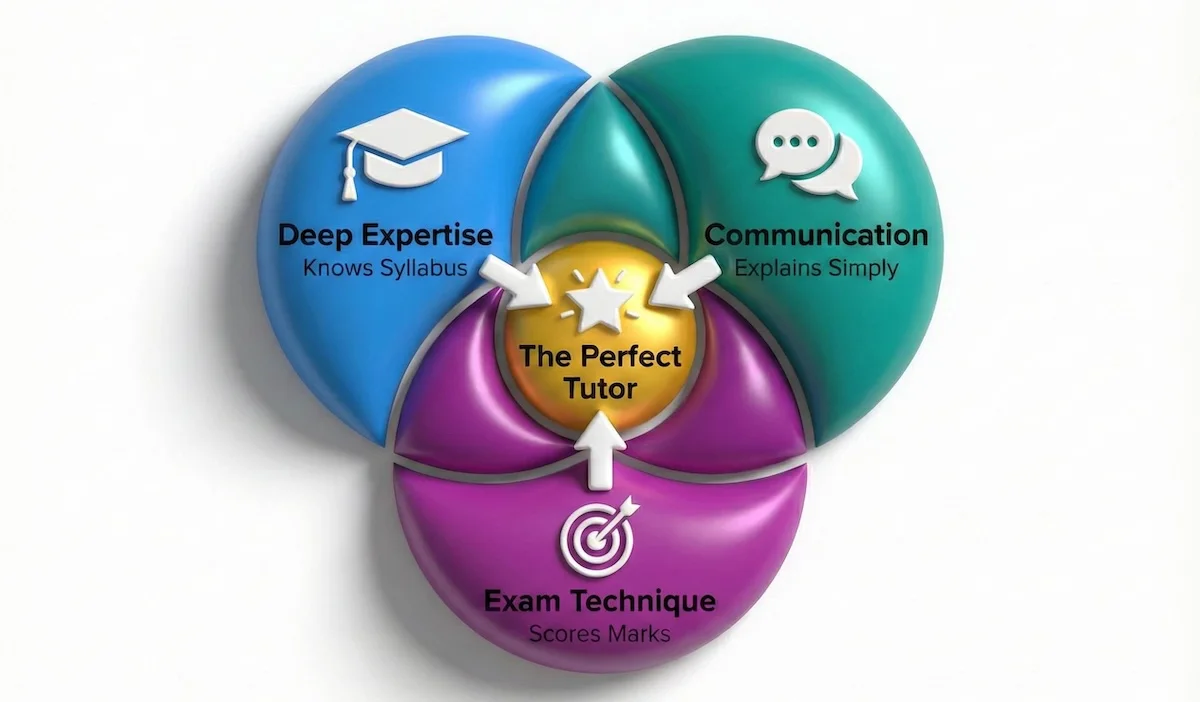 Diagram showing the three essential qualities of a great Chemistry tutor: Subject Expertise, Communication Skills, and Exam Technique.
