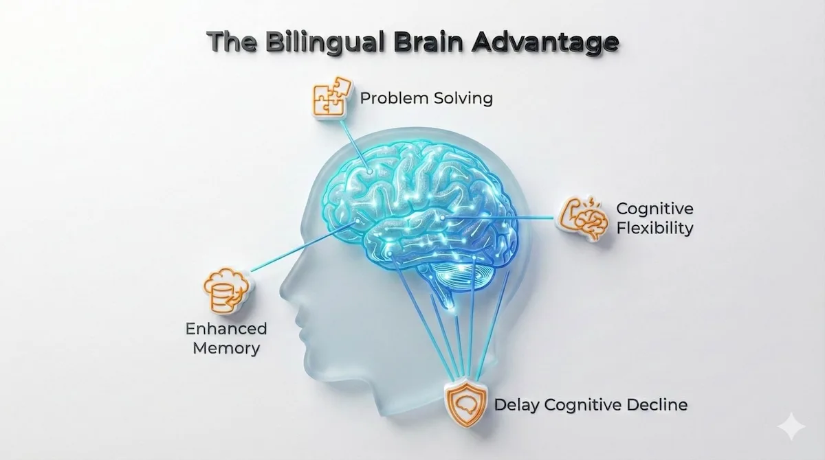 Diagram of the human brain illustrating cognitive benefits of bilingualism including problem solving, memory retention, and cognitive flexibility.