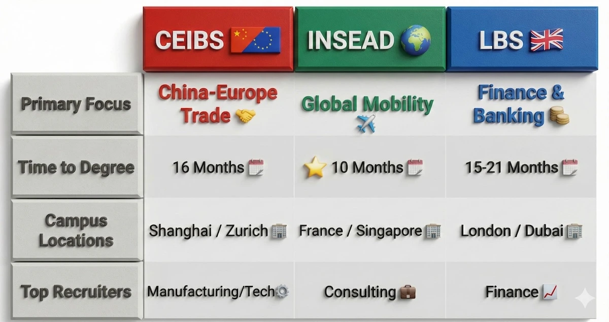Comparison table of CEIBS vs INSEAD vs LBS MBA programs showing duration, campus locations, primary focus, and top recruiting industries.