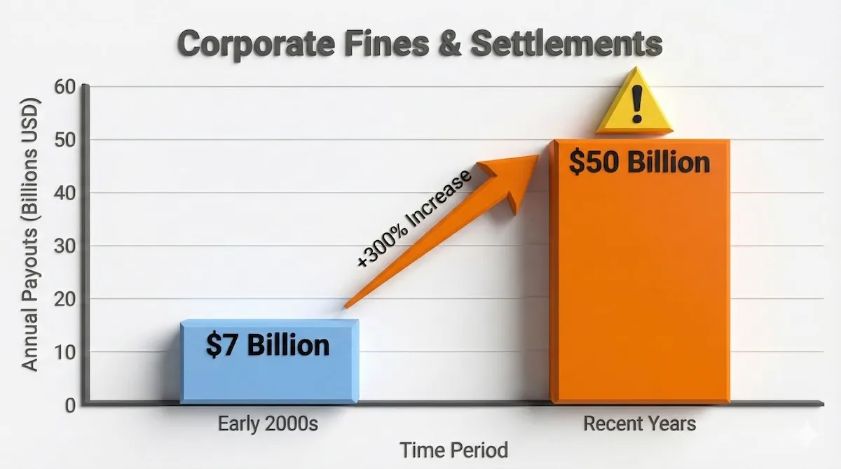 Bar chart comparing corporate fines: $7 billion per year in early 2000s versus $50 billion per year recently, a 300% increase.