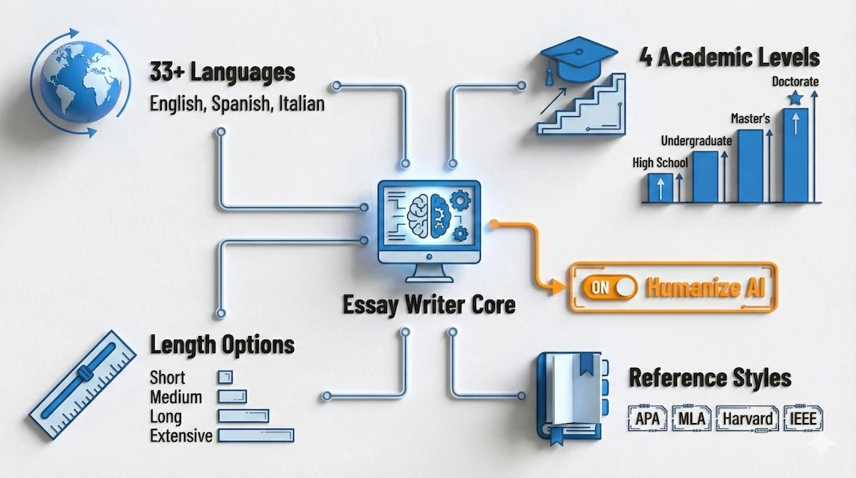 Visual diagram of Editpad features including 33+ languages, 4 academic levels (High School to Doctorate), length options, and citation styles like APA and MLA.