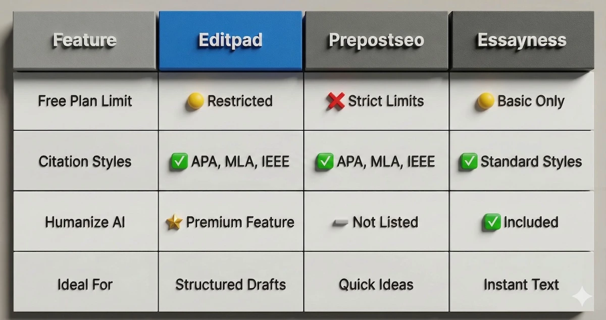 Comparison table showing differences between Editpad, Prepostseo, and Essayness features, focusing on free plan limits, citation styles, and humanization tools.