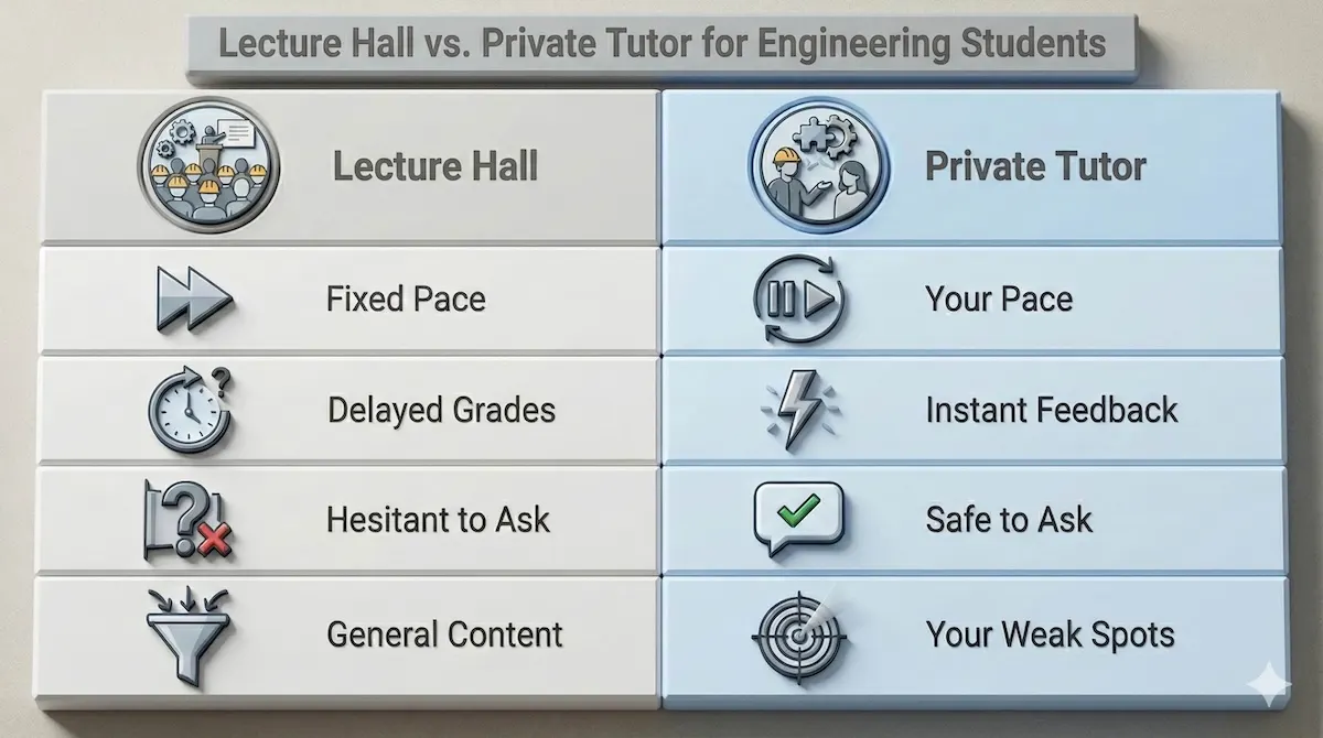 Comparison chart showing differences between traditional engineering lecture halls (fixed pace, delayed feedback) and private tutoring (personalized pace, instant feedback).