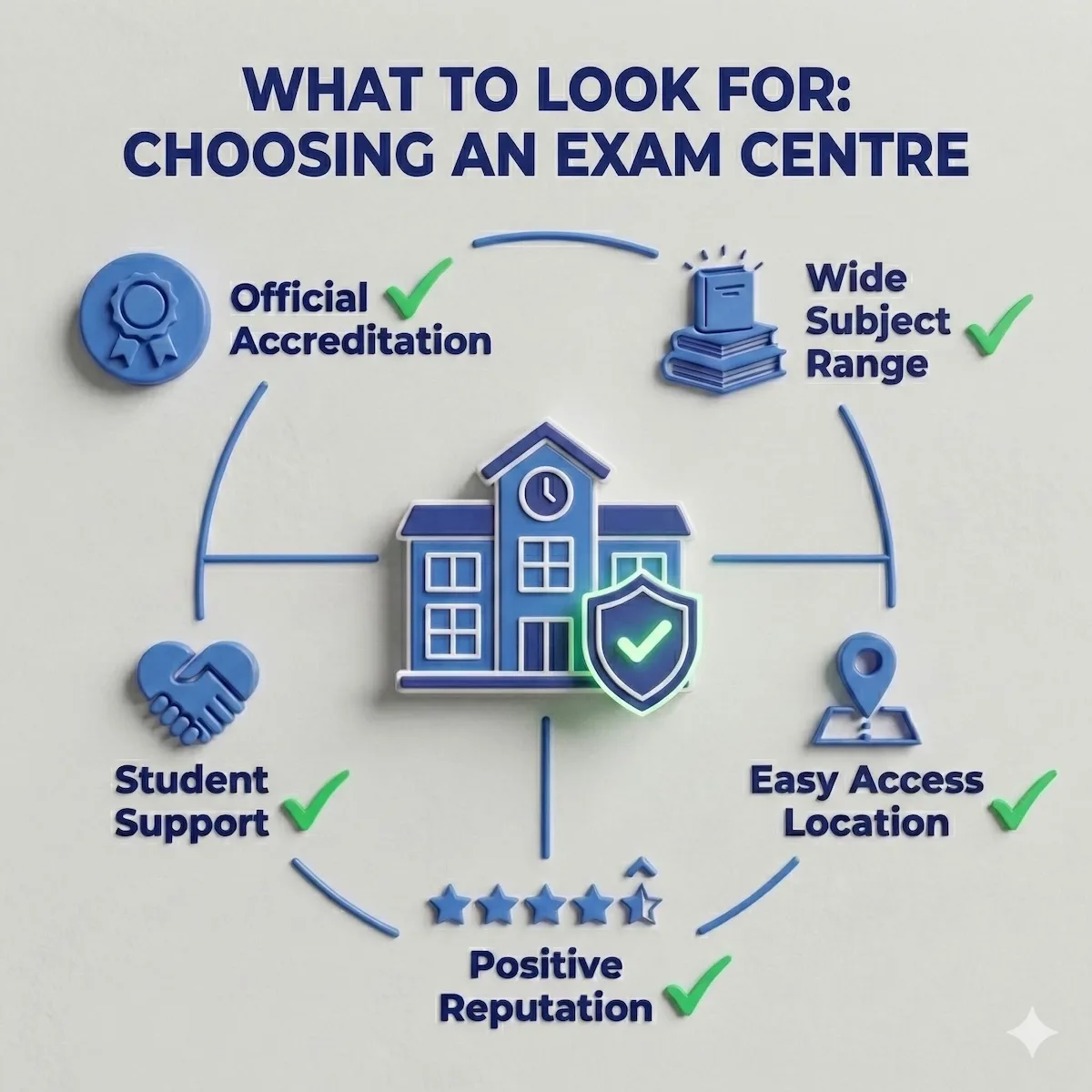 Checklist for choosing a private exam centre: Accreditation, Subject Range, Support Services, Location, and Reputation.