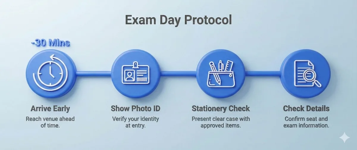 Exam day timeline: Arrive 30 mins early, present Photo ID, undergo stationery check, and verify exam paper details.