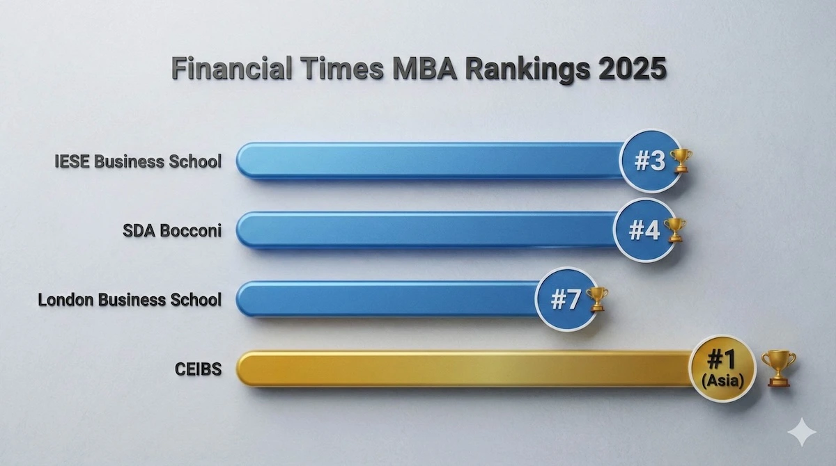Bar chart showing 2025 Financial Times rankings for top MBA programs: IESE (#3), SDA Bocconi (#4), LBS (#7), and CEIBS (#1 in Asia).
