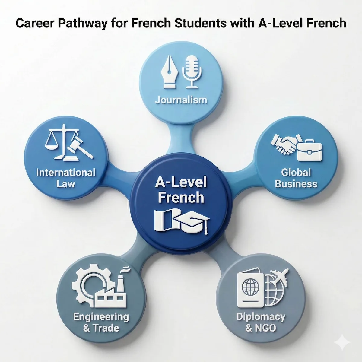 Career pathway diagram showing fields that value A-Level French, including Law, Engineering, Business, and Diplomacy.