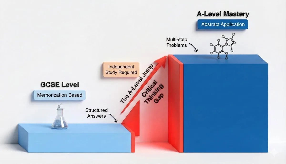 Visual illustration showing the steep difficulty jump from GCSE memorization to A-Level abstract thinking and problem solving in Chemistry.