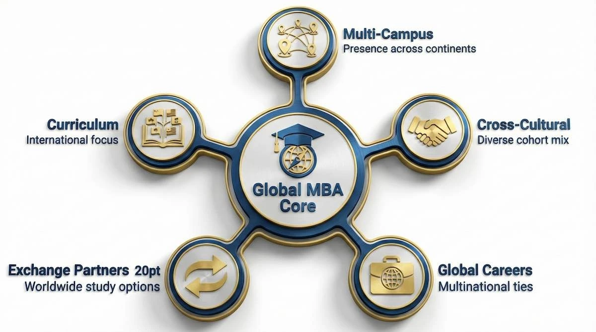 Concept map illustrating five key pillars of a global MBA: multi-campus presence, cross-cultural management, diverse cohorts, exchange partnerships, and multinational employer ties.