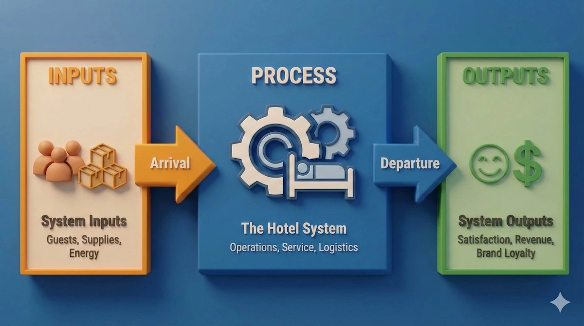 System diagram illustrating hotel operations as an engineering process with inputs like guests and supplies, processing via operations, and outputs like satisfaction and revenue.