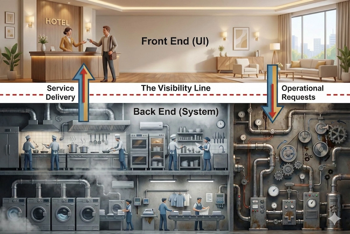Split-screen illustration showing the 'Visibility Line' in hotels: The top shows the clean User Interface (Lobby), while the bottom shows the complex Backend System (Kitchen/Laundry).