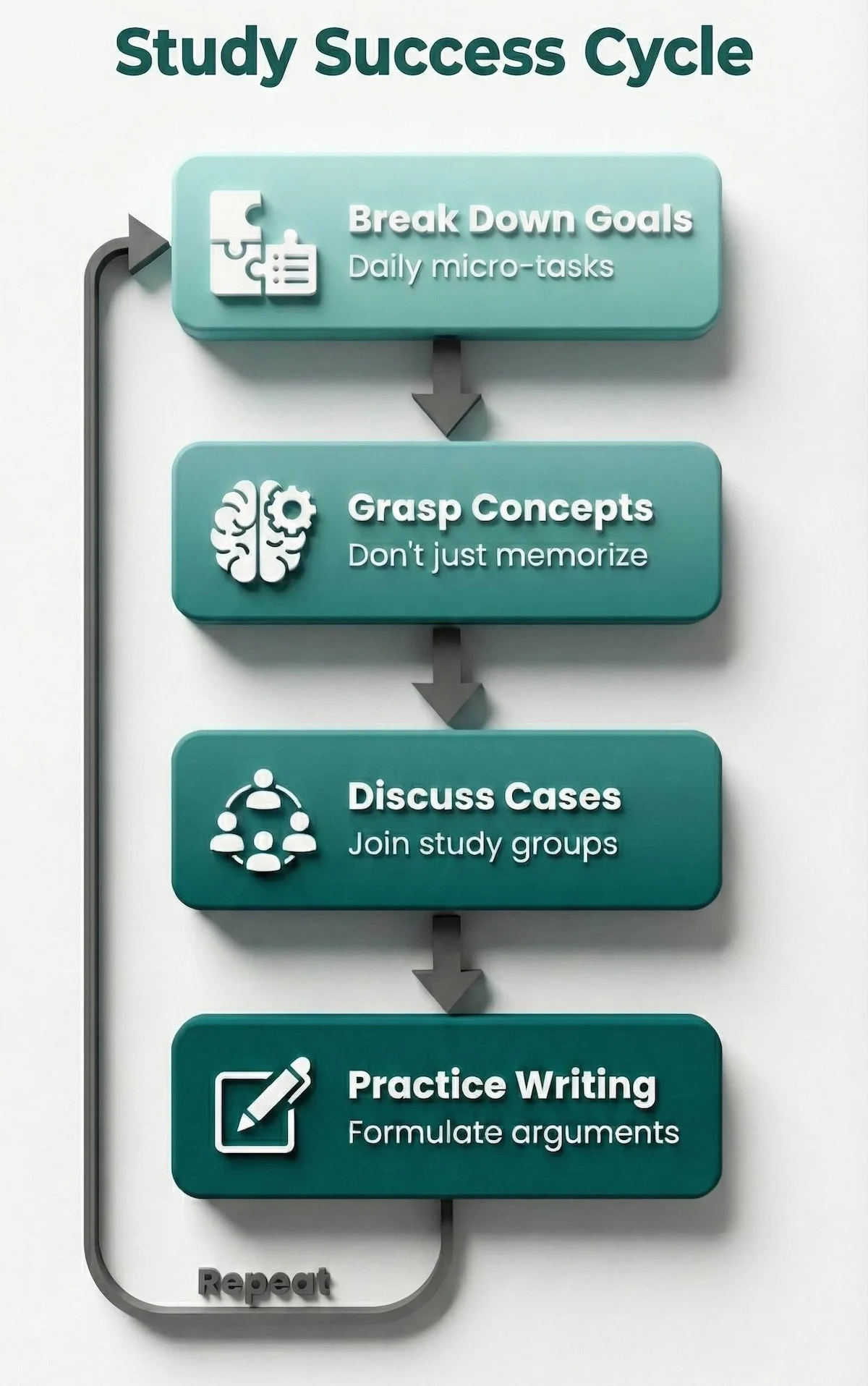 Flowchart showing effective law study method: break down goals, grasp concepts, discuss cases, and practice writing arguments.